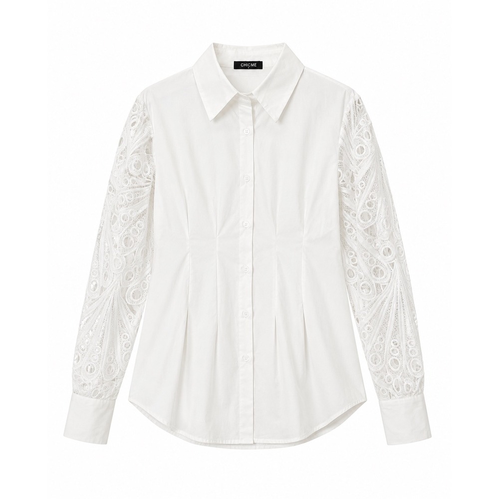 ChicMe White Button Down Blouse‎ Lace Crochet Long Sleeve Pleated Waist Large